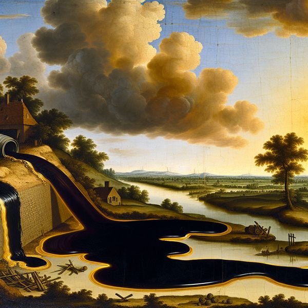 Lekkage in Nederlands landschap: olievervuiling bij watermolen in schilderijstijl van Ruisdael 17e-eeuws Nederlands landschap met olielekkage uit een gebroken vat bij een watermolen, dramatische lucht en gouden zonsondergang