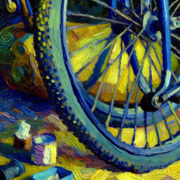 Dichtbij van een lekke fietsband met zichtbare schade, omringd door een reparatieset in Van Gogh-stijl met dikke penseelstreken