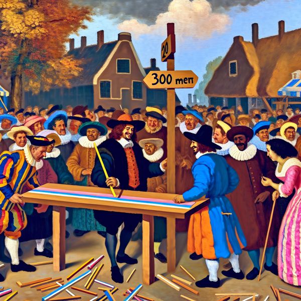 17e-eeuwse Nederlandse marktstraat met timmerman die een houten tafel van precies twee meter lengte toont, gemarkeerd met krijtstrepen