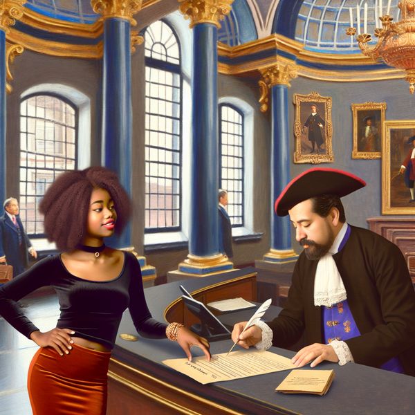 Formele lening aanvraag in een elegante bank Een jonge vrouw staat zelfverzekerd bij een balie in een rijk versierde bank, terwijl ze een formele aanvraag voor een lening overhandigt aan een medewerker.