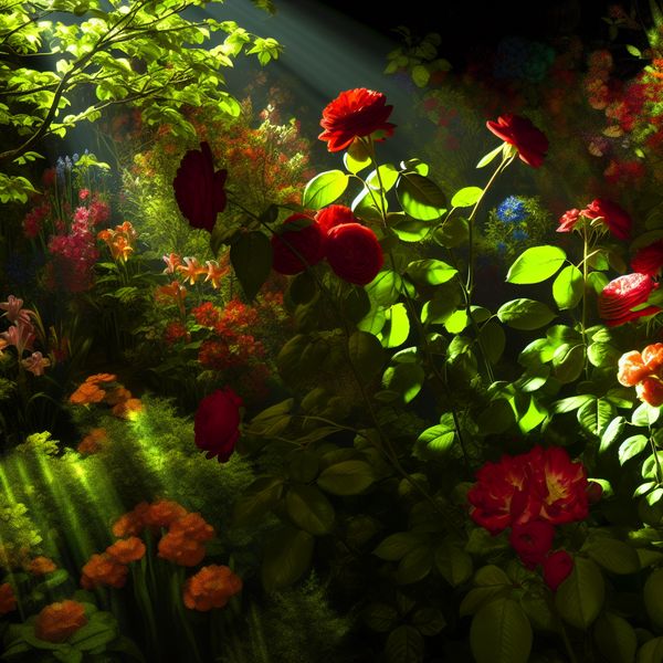 Lentetuin met bloeiende rode rozen en groene bladeren Een levendige lentetuin met verschillende bloemen, waaronder prachtige rode rozen in het zonlicht.