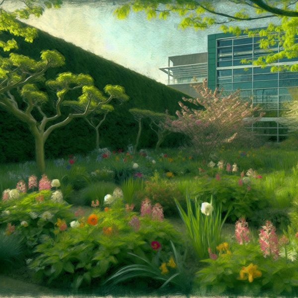 Lentetuin met Kleurrijke Bloemen en Modern Gebouw Sfeervolle lentetuin met kleurrijke bloemen en een modern gebouw op de achtergrond