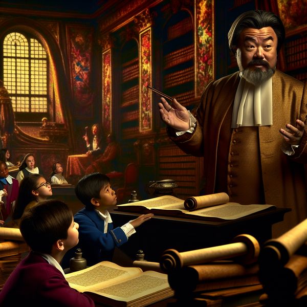 Een middelgrote mannelijke leraar staat aan een groot, zwaar houten bureau vol perkamenten en inktpotten, en legt enthousiast een woord uit aan een diverse groep leerlingen.