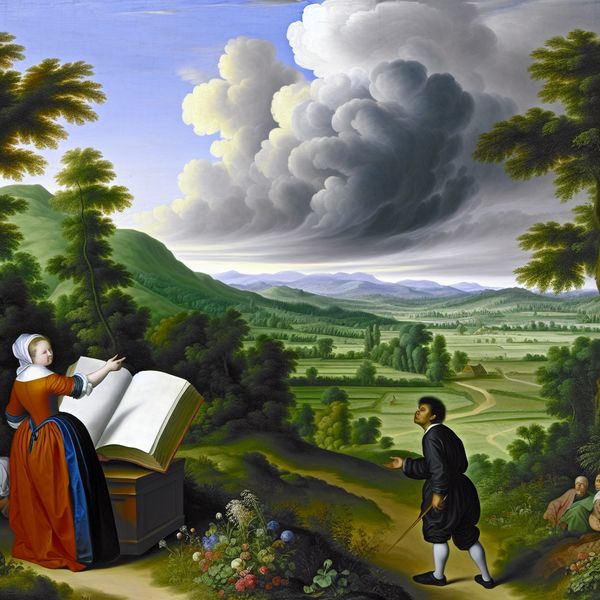 Leraar en Leerling in Landelijk Landschap - Erkenning van Kennis Een leraar naast een open boek in een rustige landelijke omgeving, terwijl een leerling knikt in erkenning van toestemming.