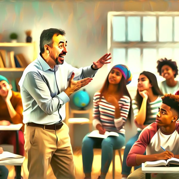 Leraar geeft uitleg in gezellige klasomgeving Een leraar legt enthousiast een complexe situatie uit aan een groep nieuwsgierige studenten in een gezellige klas.