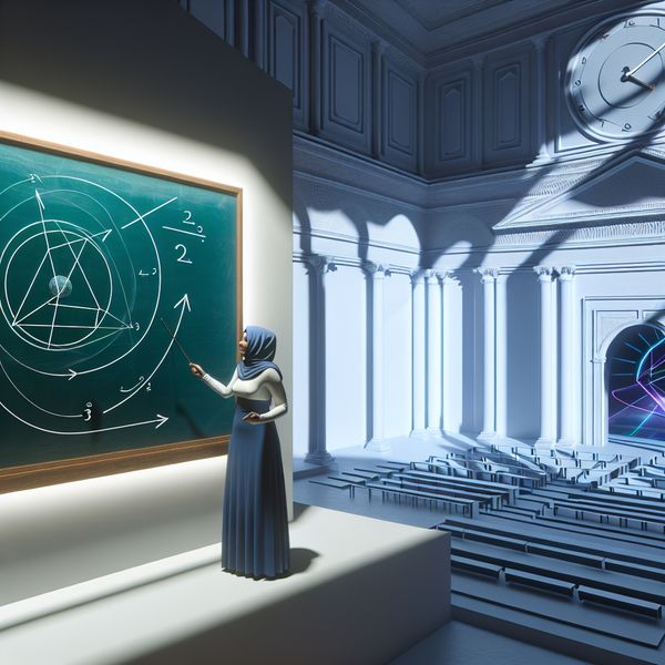 Een hyper-realistische afbeelding van een leraar voor een futuristisch schoolbord, uitleg gevend over een complex onderwerp met een duidelijk diagram.