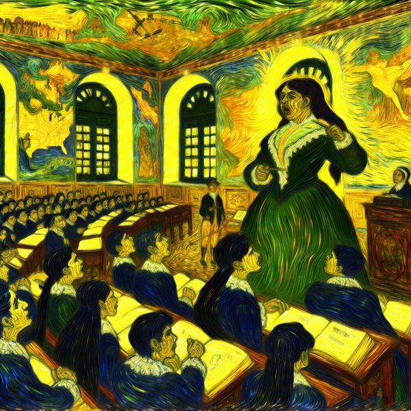 Een leraar deelt gepassioneerd de geschiedenis van zijn land met nieuwsgierige studenten in een kleurrijke klaslokaal vol culturele artefacten.
