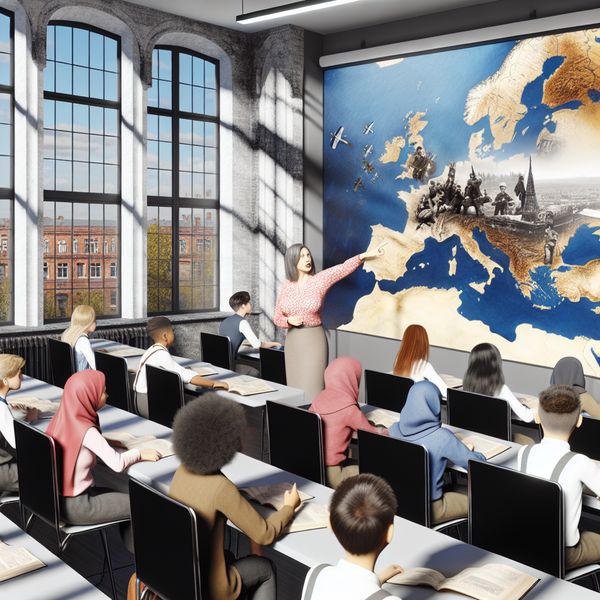 Leraar en studenten in een moderne klasomgeving Een leraar die lesgeeft aan een groep studenten in een moderne klas; de leraar wijst op een digitaal scherm met beelden van de Tweede Wereldoorlog.