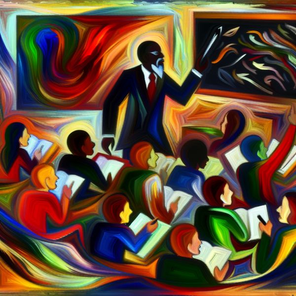 Leraar Die Studenten Begeleidt - Abstract Expressionisme Abstract expressionist schilderij van een leraar die leerlingen leidt door een complexe probleem met energieke bewegingen en felle kleuren.