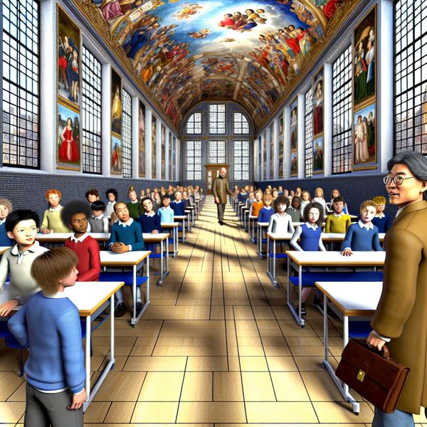 Leraar benadert onzekere studenten in prachtig schoolgebouw Een leraar nadert een groep onzekere studenten in een grandioze schoolhal met hoge plafonds en grote ramen.