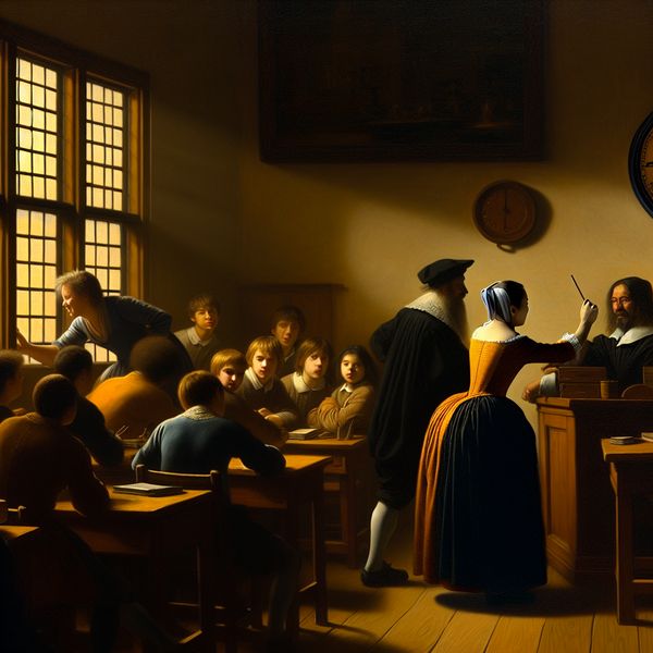 Een leraar in een levendige klasruimte past een grote wandklok aan terwijl diverse, betrokken studenten oplettend zitten.