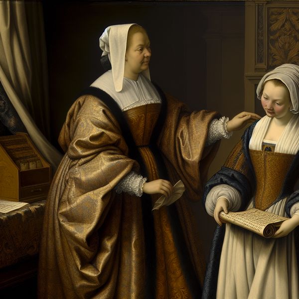 17e-eeuws Hollands interieur met leraar die een student prijst voor een prestatie, stijl van Gerard ter Borch
