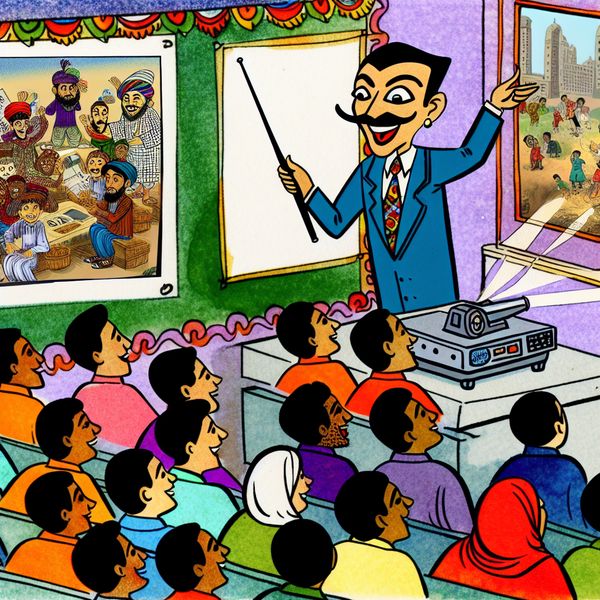 Lerares met projector in de klas voor educatieve video Een speelse cartoon van een lerares die een projector gebruikt in de klas, met enthousiaste studenten die naar een educatieve video kijken.