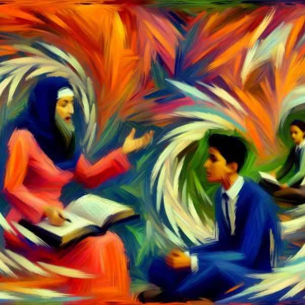 Abstract expressionist afbeelding van een leraar die enthousiast advies geeft aan een student te midden van felle kleuren