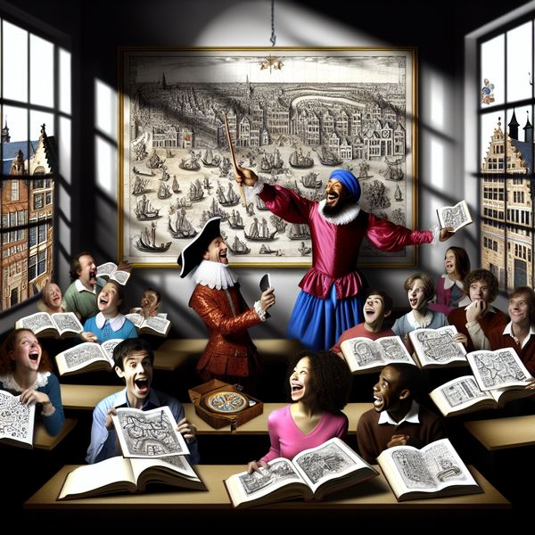 Een levendige klaslokaal waar een enthousiaste leraar boeken uitdeelt aan studenten. Elk boek bevat een ingewikkeld ontwerp van een schatkaart.