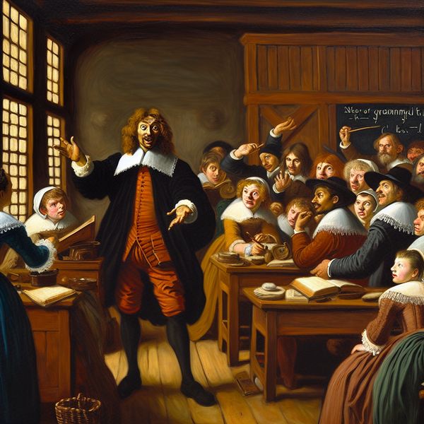 Historische taalles: leraar legt grammatica uit in levendige 17e-eeuwse klas 17e-eeuwse Nederlandse klas met enthousiaste leraar die grammaticaregel uitlegt aan aandachtige studenten in levendige schilderstijl van Frans Hals