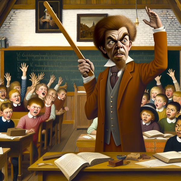 Groep leerlingen en een leraar rondom een tafel in een drukke klaslokaal, met enthousiaste gezichten en een krijtbord op de achtergrond
