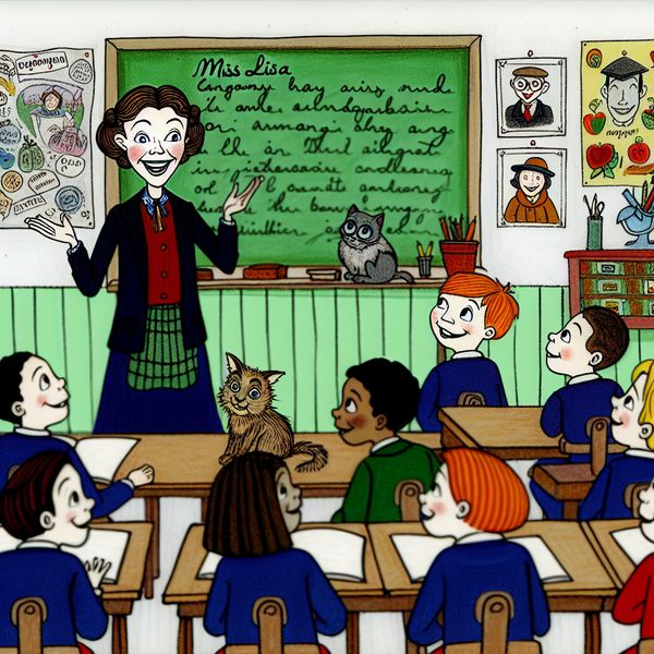 Lerares Miss Lisa in een kleurrijke klas Een levendige cartoonafbeelding van een enthousiaste lerares Miss Lisa die haar diverse klas toespreekt in een kleurrijke schoolomgeving.