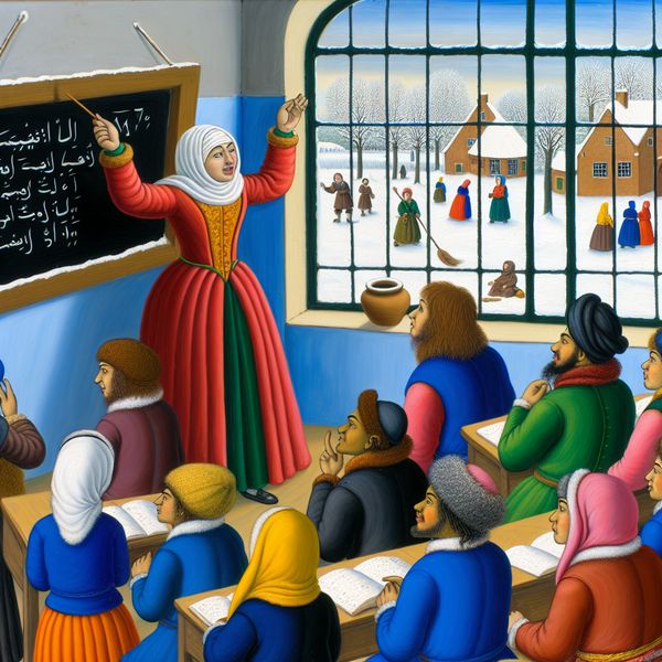 Een lerares legt een woord uit aan studenten in een vrolijke klaslokaalomgeving met een sneeuwlandschap buiten.