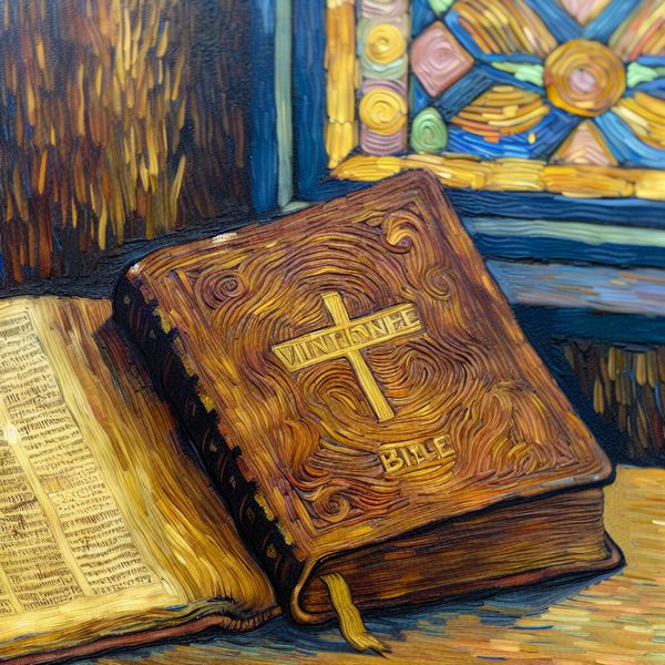 Opengewerkte leren Bijbel met gouden opdruk en verlichte tekst in Van Gogh-stijl, op houten tafel in kerk of huis