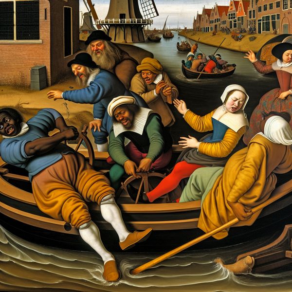 Chaotisch tafereel van een groep mensen in 17e-eeuwse kleding die moeite hebben met het besturen van een kleine houten sloep op een druk kanaal