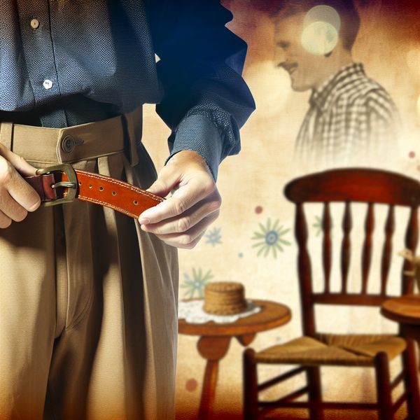 Leren riem omdoen: nostalgische illustratie voor kledingaccessoires leren Vrolijke man in nostalgische setting die een smalle leren riem omdoet om zijn broek op te houden