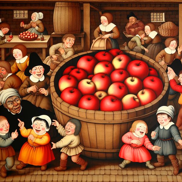 Levendige Nederlandse marktscène in de stijl van Jan Steen met een mand vol negen rode appels, omringd door spelende kinderen en volwassenen die tellen