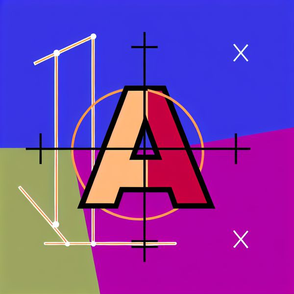 Minimalistische illustratie van de letter A met coördinatensysteem Illustratie van de letter 'A' in het midden, omringd door geometrische vormen van een coördinatensysteem met x- en y-as.