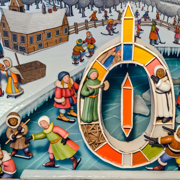 Wintertafereel met een grote houten of ijssculptuur van de letter O, kinderen en volwassenen die schaatsen en spelen op een bevroren kanaal, in de stijl van Hendrick Avercamp