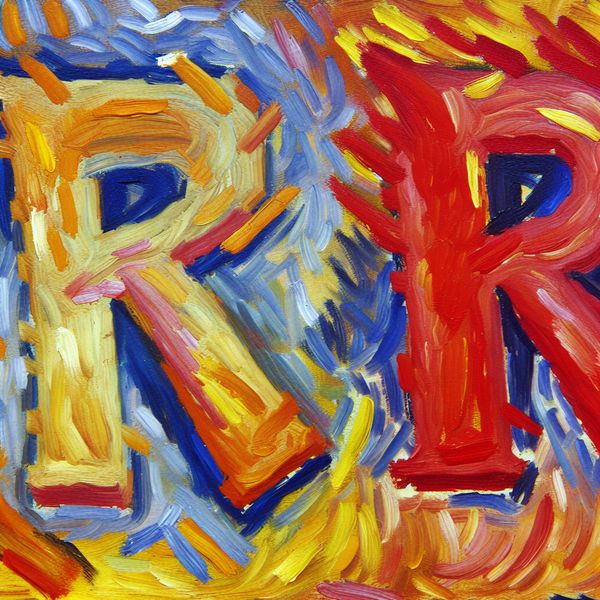 Abstract expressionistisch schilderij van de letter R uit het Nederlandse alfabet, met dikke penseelstreken en levendige kleuren