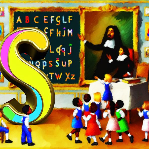Overgrote letter 's' in een educatieve omgeving Drie-dimensionale en oversize letter 's' in een klaslokaal met kinderen die over het woord 'sok' discussiëren.