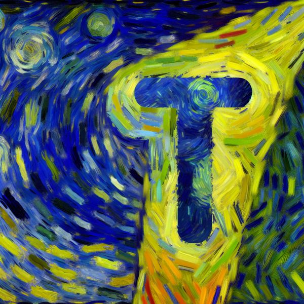 Grote letter T in Van Gogh-stijl met zwierige penseelstreken en kleurrijke achtergrond, omringd door letters S en U als onderdeel van het Nederlandse alfabet