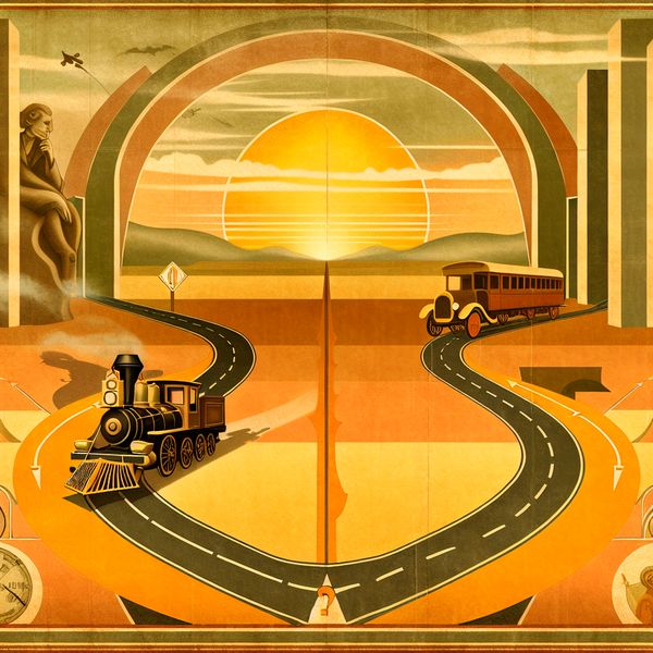 Levensreis als metafoor: vergelijking stijlfiguur in retro-futuristische illustratie Illustratie van een kronkelende weg met een trein en auto als metafoor voor het leven, stijlfiguur vergelijking