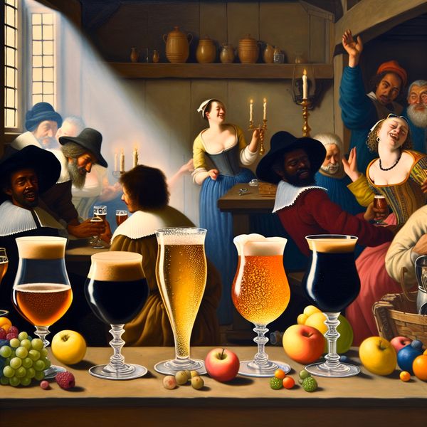 Levende bar scène met verschillende soorten bier Drie verschillende soorten bier op tafel in een levendige bar: een donker bier in een sierlijk glas, een gouden blond bier dat in het zonlicht glinstert, en een fruitig bier met kleurrijke garnering.