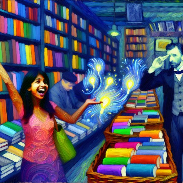 Levende Boekhandel met Kleurige Inspirerende Boeken Vibrante boekhandel met kleurrijke boeken, enkele stralend in het licht en andere somber.
