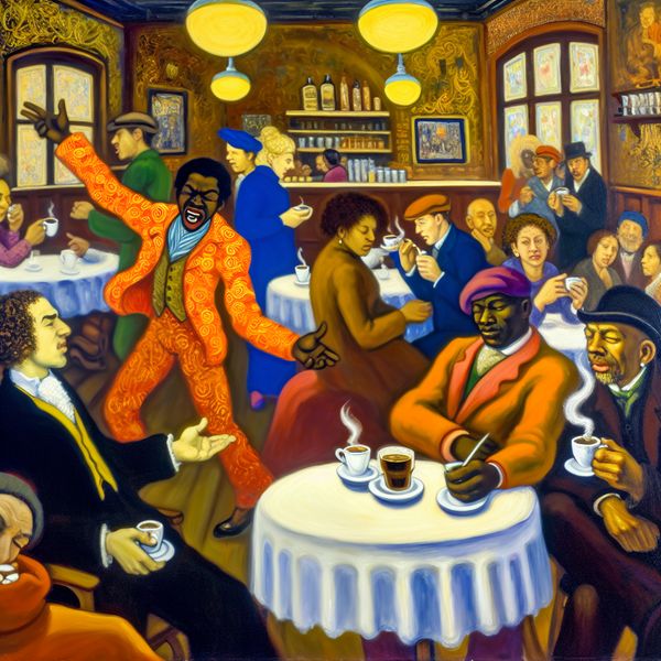 Levende café scène met discussie over voorkeuren tussen koffie en thee Drukke café scene met diverse mensen in gesprek, twee individuen gefocust met een kop koffie en thee.