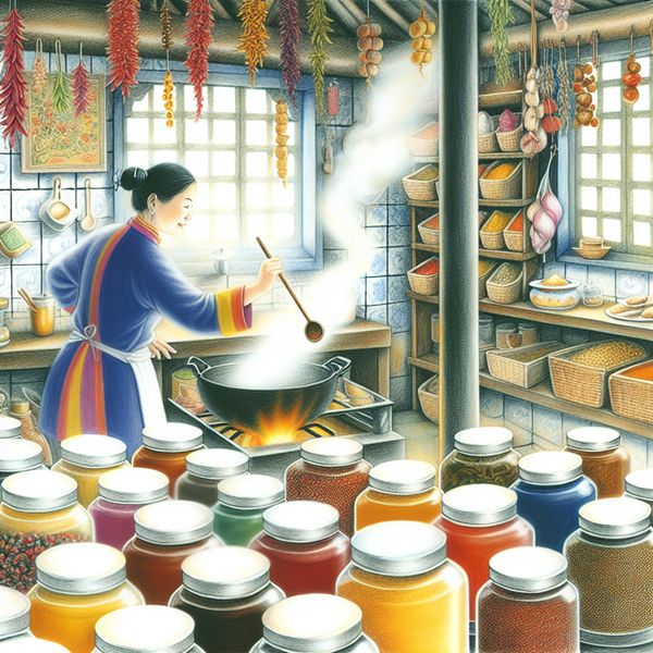 Levende Keuken Met Kleurige Specerijen Een levendige keuken met kleurrijke specerijen in potten en een kok in traditionele kleding die een pan op het fornuis roert.