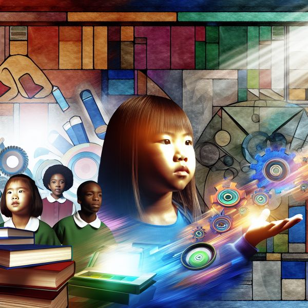 Levende Klaslokaalscène met Kind en Educatieve Hulpmiddelen Een jong kind in een klaslokaal, gefocust op boeken en leeractiviteiten terwijl het wordt omringd door kleurrijke educatieve hulpmiddelen en technologie.