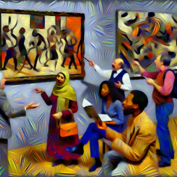 Levende Kunsttentoonstelling Met Diverse Bezoekers Abstracte weergave van een levendige kunsttentoonstelling met bezoekers van diverse achtergronden die met kleurrijke kunstwerken omgaan.