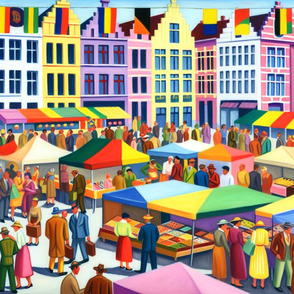 Levende Markt in België: Cultuur en Diversiteit Diverse inwoners van België genieten van een levendige markt in een schilderachtig stadplein met traditionele Belgische gerechten en ambachten.