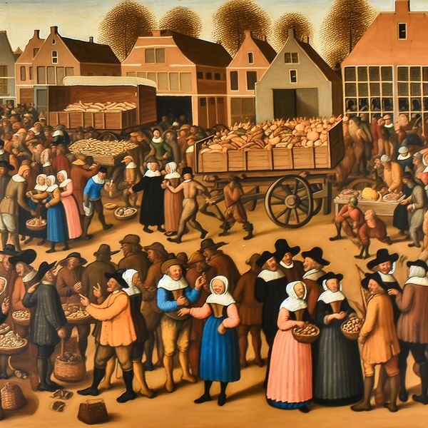 Levende markt met verbeterde transportfaciliteiten Drukke markt met mensen die genieten van verbeterde transportfaciliteiten en gelukkige interacties tussen verkopers en klanten