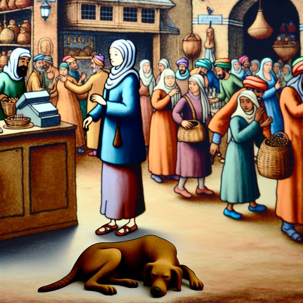 Een levendige marktscène met een persoon aan de kassa en een hond aan zijn voeten, die de nabijheid symboliseert.