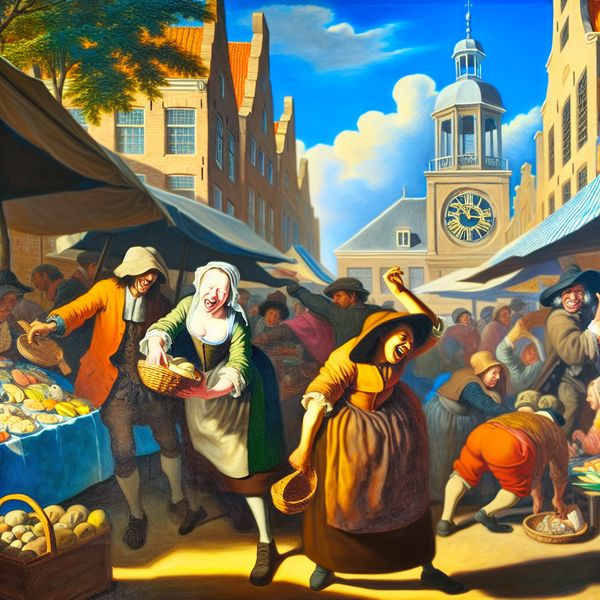 Levende marktscene met vrouw en verkoper Een levendige marktscene met een vrouw met een boodschappenmand die interactie heeft met een verkoper.