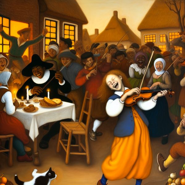 Een jonge meisje speelt prachtig op een viool tijdens een levendige muziekcompetitie in een kleurrijke dorpsplein met een enthousiast publiek.