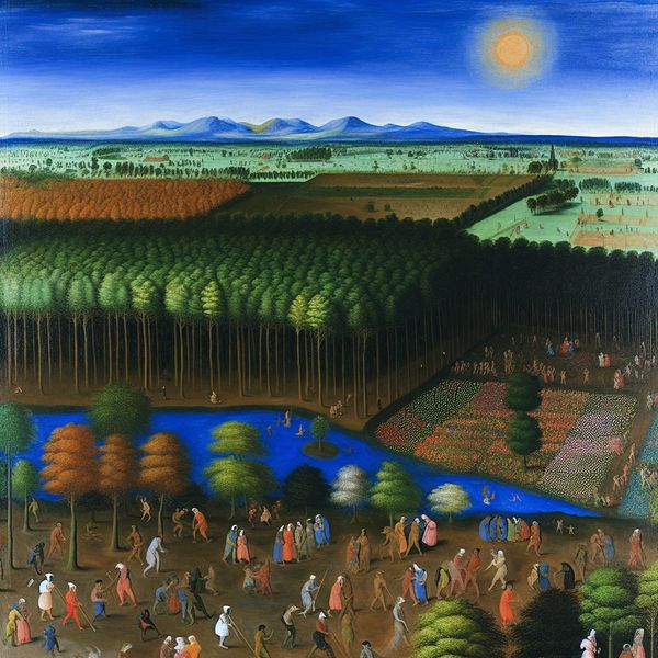 Vibrant Earth Landscape Illustraties voor Milieu Bescherming Een levendig landschap van de aarde, met planten, mensen die bomen planten en een blauwe lucht.