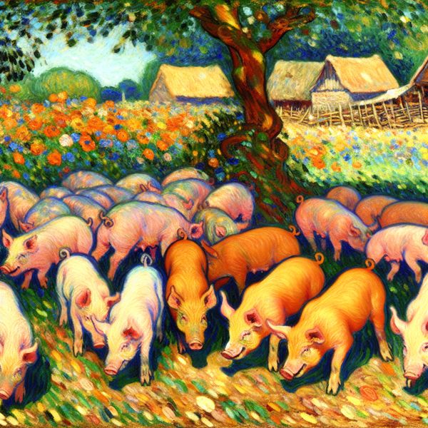 Een levendig boerderijtafereel met meerdere varkens die rondlopen in een zonovergoten weiland.