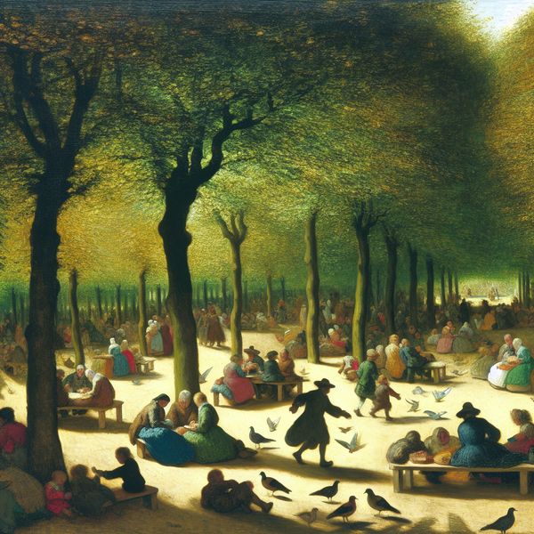 Buitenlucht scene in een park met mensen en natuur Levendige buiten scène met mensen die genieten van de open lucht in een park met banken en bomen.