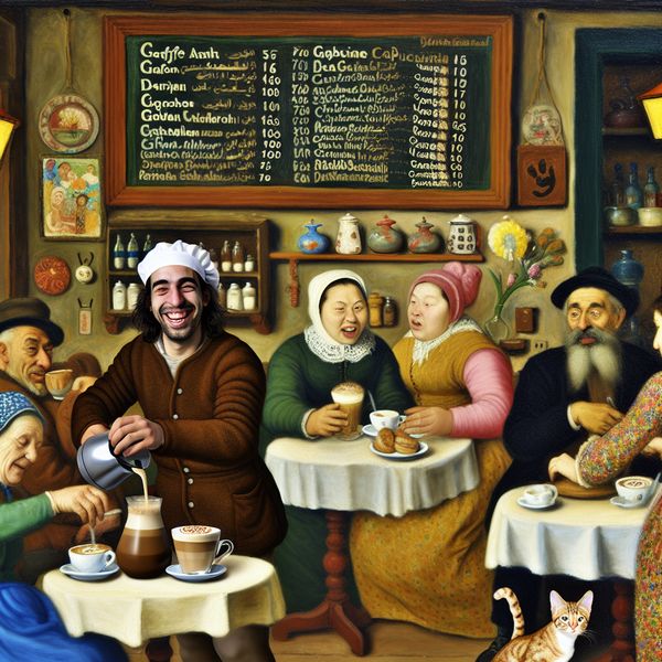 Café Scène: Koffie Categorieën en Genieten Een druk café met een chalkboard menu vol koffie categorieën, waaronder cappuccino en latte. Een blijde barista bereidt een cappuccino met stoom terwijl vrienden aan een tafel genieten.