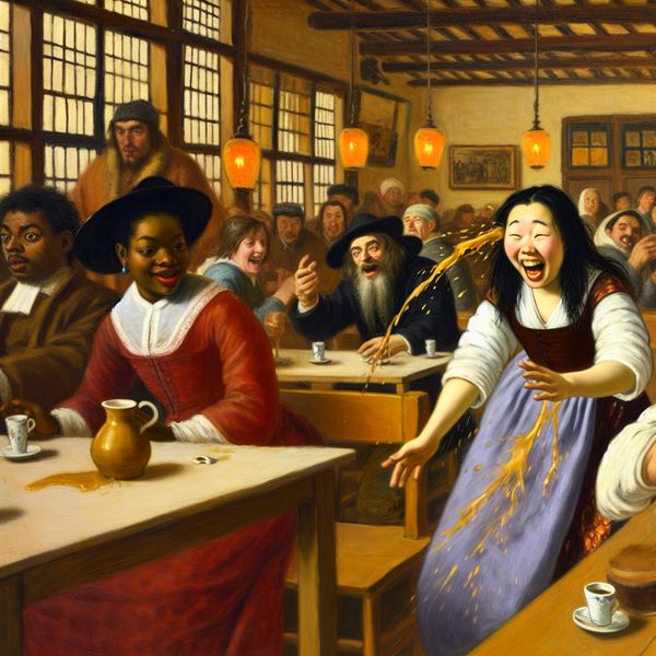 Levendig café moment met jonge vrouw die drankje morst Jonge vrouw in een Nederlands café die haar drankje per ongeluk omstoot terwijl ze lacht om een grap van haar vriend.