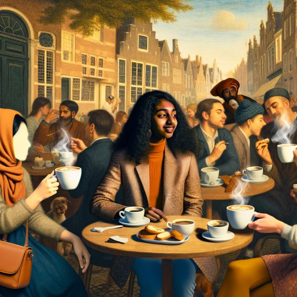 Café Scene met Jasje-Dasje Stijl Jonge vrouw met casual outfit en blazer geniet van koffie met vrienden in een levendig café